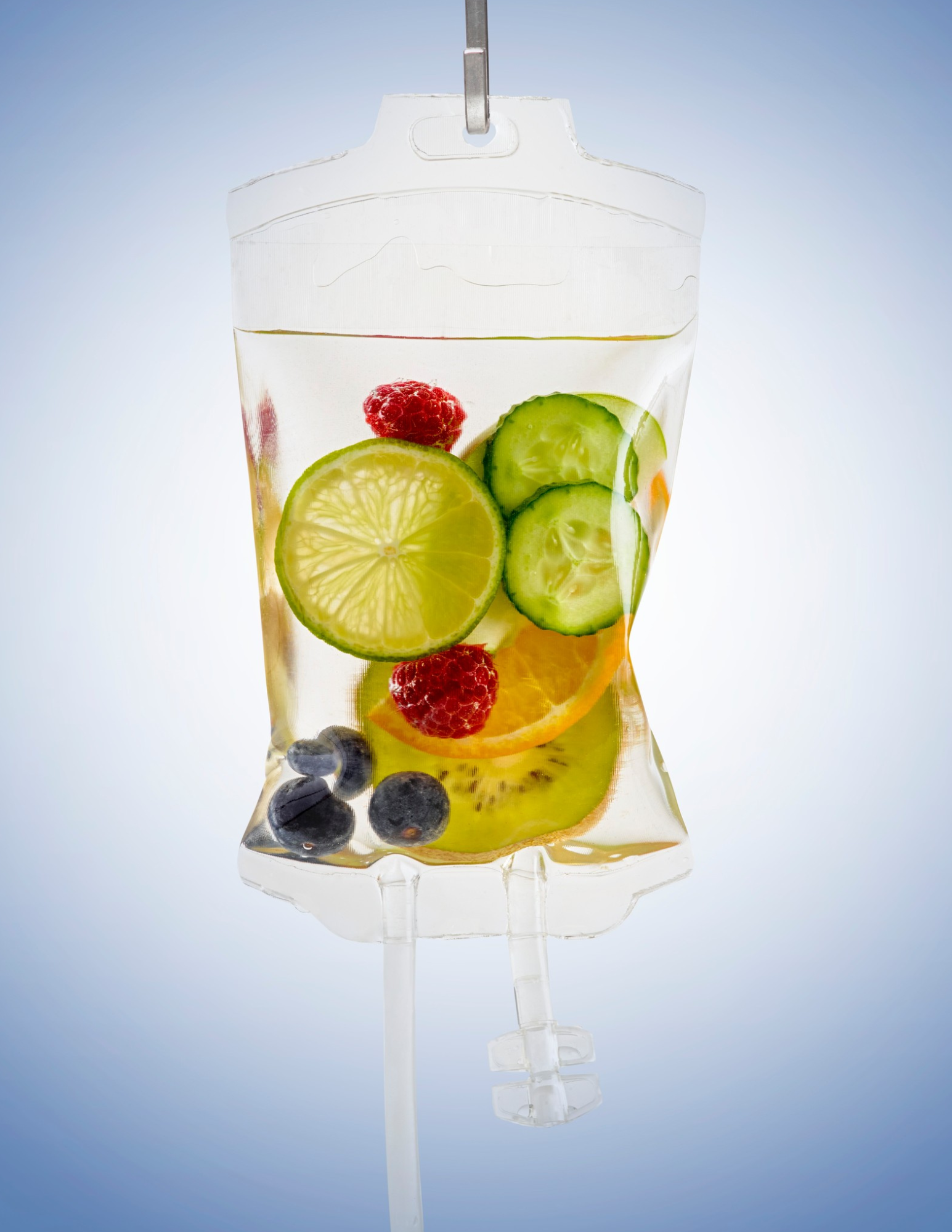 IV bag with fruit inside to signify vitamins
